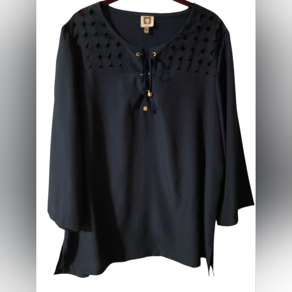 Anne Klein Navy Lace-Up Blouse     Size XL